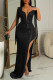 Black Sexy Solid Tassel Sequins Patchwork Backless Slit V Neck Long Dress Dresses