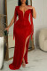 Red Sexy Solid Tassel Sequins Patchwork Backless Slit V Neck Long Dress Dresses