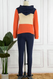 Blue Casual Patchwork Contrast Hooded Collar Long Sleeve Two Pieces