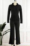 Black Casual Solid Patchwork Hooded Collar Long Sleeve Two Pieces