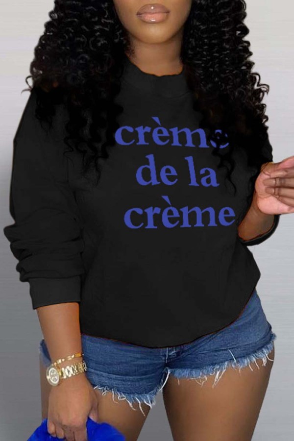 Black Casual Letter Print Basic O Neck Tops
