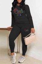 Black Street Letter Patchwork O Neck Long Sleeve Two Pieces