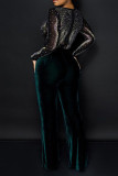 Blue Sexy Solid Patchwork See-through Hot Drill O Neck Straight Jumpsuits