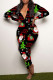 Black Red Casual Print Patchwork Buttons V Neck Skinny Jumpsuits