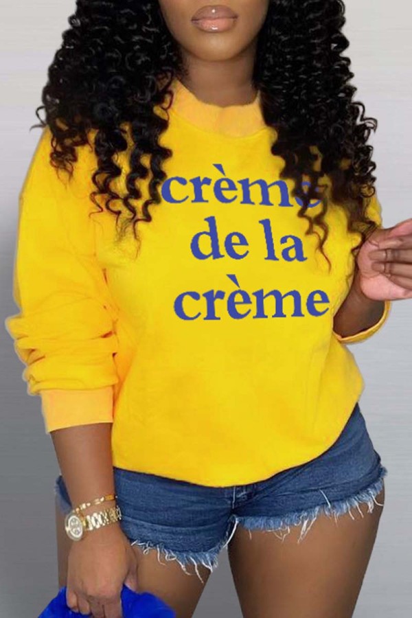 Yellow Casual Letter Print Basic O Neck Tops