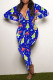 Blue Casual Print Patchwork Buttons V Neck Skinny Jumpsuits