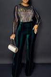 Blue Sexy Solid Patchwork See-through Hot Drill O Neck Straight Jumpsuits
