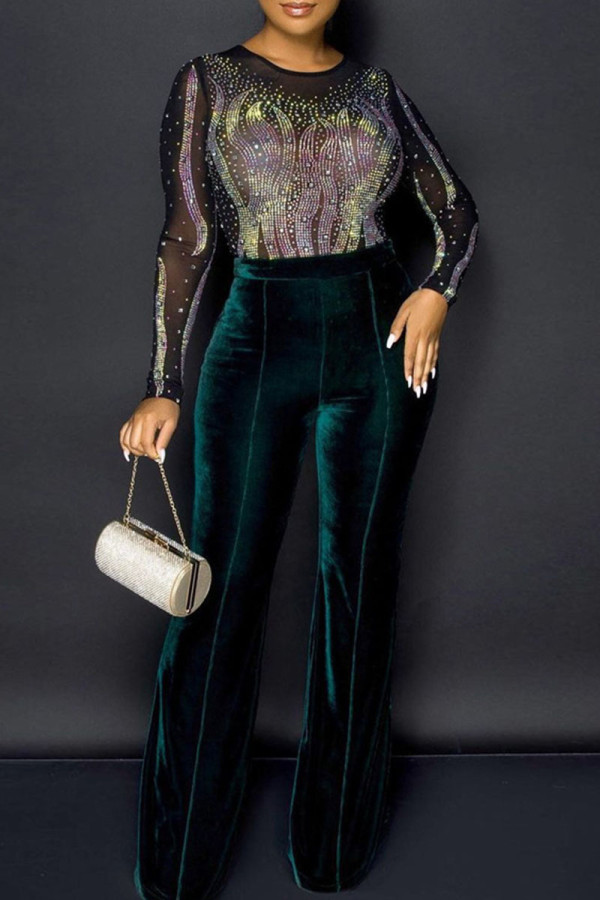 Ink Green Sexy Solid Patchwork See-through Hot Drill O Neck Straight Jumpsuits