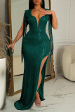 Red Sexy Solid Tassel Sequins Patchwork Backless Slit V Neck Long Dress Dresses