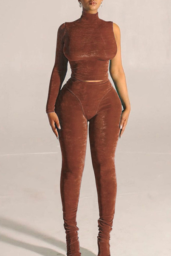 Brown Sexy Solid Patchwork Half A Turtleneck Long Sleeve Two Pieces