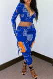 Blue Casual Print Patchwork V Neck Long Sleeve Two Pieces