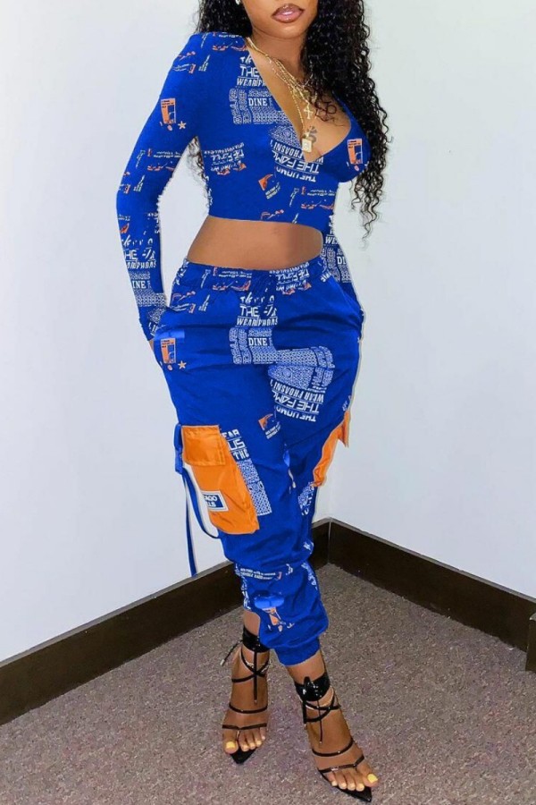 Blue Casual Print Patchwork V Neck Long Sleeve Two Pieces