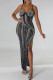 Black Sexy Solid Patchwork See-through Slit Hot Drill Spaghetti Strap Sling Dress Dresses