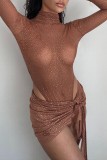 Khaki Sexy Patchwork See-through Turtleneck Long Sleeve Two Pieces