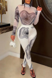 White Sexy Print Patchwork Half A Turtleneck Long Sleeve Two Pieces