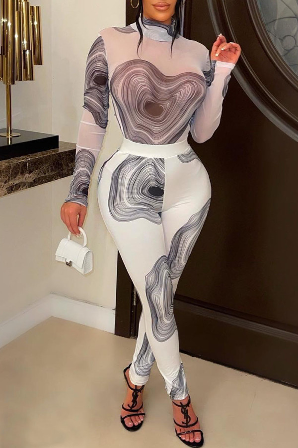 White Sexy Print Patchwork Half A Turtleneck Long Sleeve Two Pieces