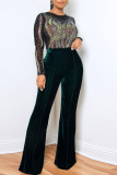 Blue Sexy Solid Patchwork See-through Hot Drill O Neck Straight Jumpsuits