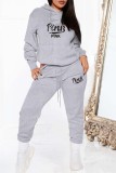 Dark Gray Casual Letter Print Basic Hooded Collar Long Sleeve Two Pieces