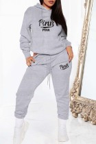 Light Gray Casual Letter Print Basic Hooded Collar Long Sleeve Two Pieces