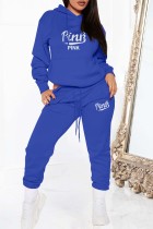 Royal Blue Casual Letter Print Basic Hooded Collar Long Sleeve Two Pieces