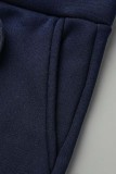 Blue Casual Patchwork Contrast Hooded Collar Long Sleeve Two Pieces