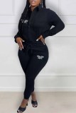 Black Casual Print Letter Turndown Collar Long Sleeve Two Pieces