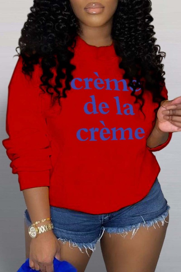 Red Casual Letter Print Basic O Neck Tops