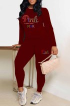 Burgundy Street Letter Patchwork O Neck Long Sleeve Two Pieces