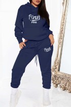 Navy Blue Casual Letter Print Basic Hooded Collar Long Sleeve Two Pieces