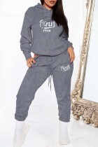 Dark Gray Casual Letter Print Basic Hooded Collar Long Sleeve Two Pieces