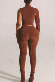 Brown Sexy Solid Patchwork Half A Turtleneck Long Sleeve Two Pieces