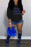 Grey Casual Letter Print Basic O Neck Tops