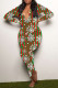 Dark Red Green Casual Print Patchwork Buttons V Neck Skinny Jumpsuits