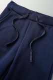 Blue Casual Patchwork Contrast Hooded Collar Long Sleeve Two Pieces