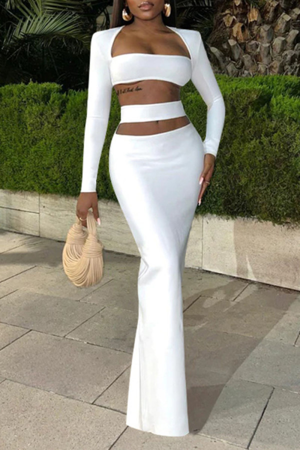 White Sexy Solid Hollowed Out Patchwork Square Collar Long Sleeve Two Pieces