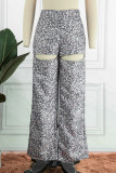 Khaki Casual Print Ripped Patchwork Regular Mid Waist Trousers