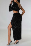 Black Sexy Solid Hollowed Out Sequins Patchwork Slit Oblique Collar Long Dress Dresses