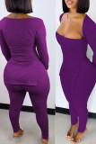 Purple Sexy Solid Patchwork Slit Square Collar Long Sleeve Two Pieces