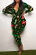 Green Casual Print Patchwork Buttons V Neck Skinny Jumpsuits