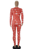 Red Casual Print Patchwork Buttons V Neck Skinny Jumpsuits