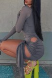 Grey Sexy Solid Hollowed Out Fold O Neck Long Sleeve Dresses