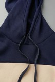 Blue Casual Patchwork Contrast Hooded Collar Long Sleeve Two Pieces