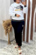 White Casual Letter Embroidered O Neck Long Sleeve Two Pieces