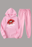 Pink Casual Lips Printed Draw String Hooded Collar Long Sleeve Two Pieces
