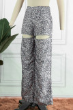 Khaki Casual Print Ripped Patchwork Regular Mid Waist Trousers