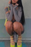 Grey Sexy Solid Hollowed Out Fold O Neck Long Sleeve Dresses