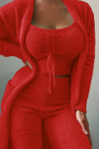 Red Casual Solid Patchwork Cardigan Collar Long Sleeve Three Pieces