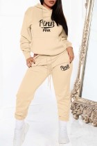 Khaki Casual Letter Print Basic Hooded Collar Long Sleeve Two Pieces