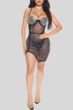 Black Sexy Solid Patchwork See-through Hot Drill Spaghetti Strap Pencil Skirt Dresses