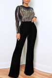 Blue Sexy Solid Patchwork See-through Hot Drill O Neck Straight Jumpsuits